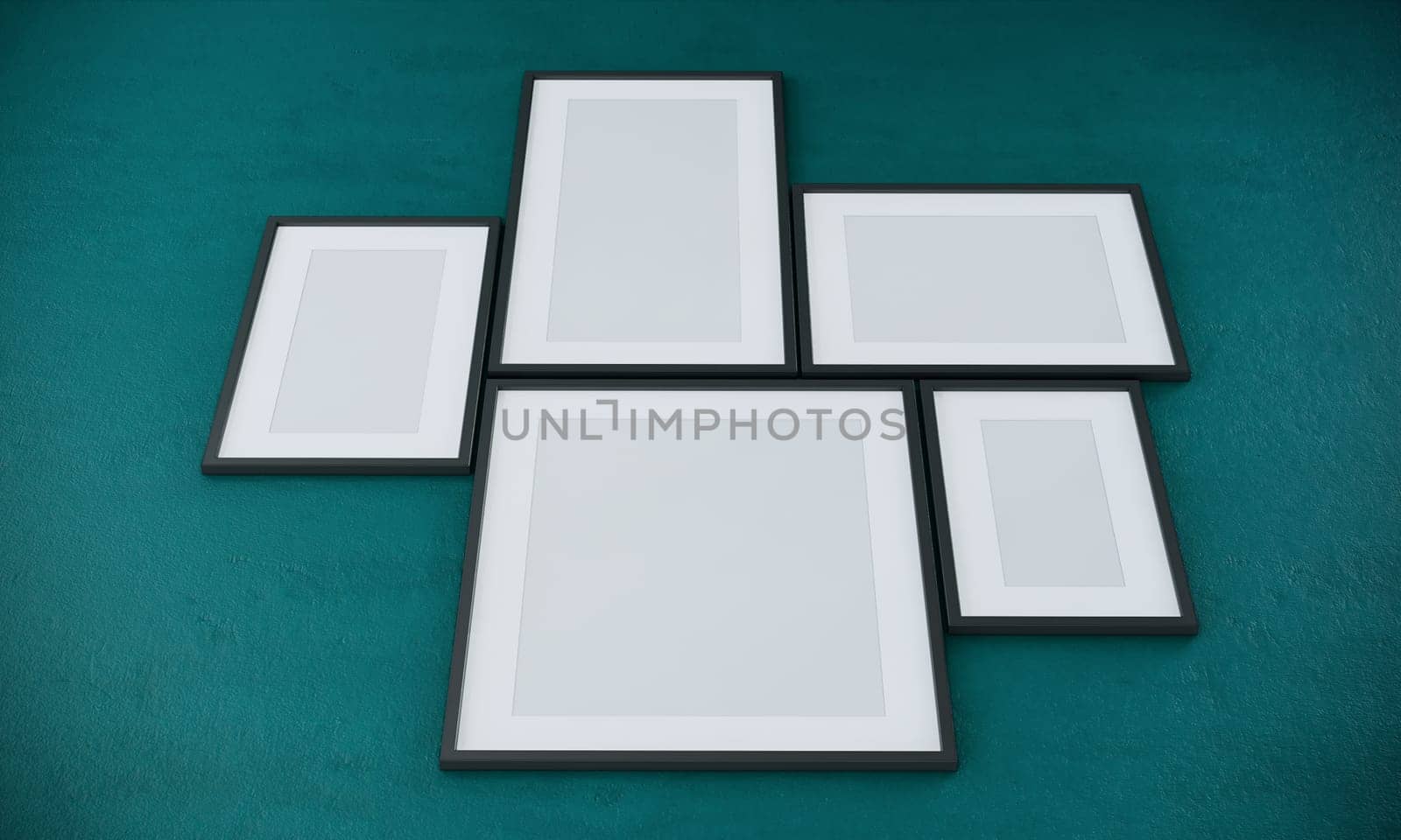 Blank picture frames mock up on green wall, 3d rendering