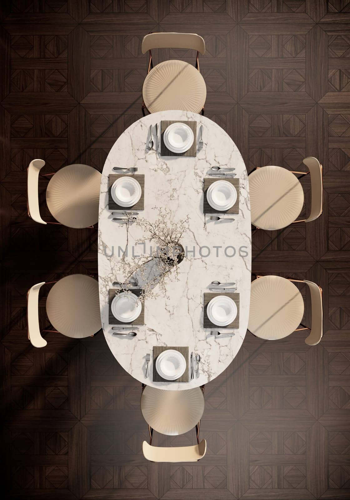 Contemporary classic dining room mock up interior, plates, spoon and fork on a marble table. 3D background illustration