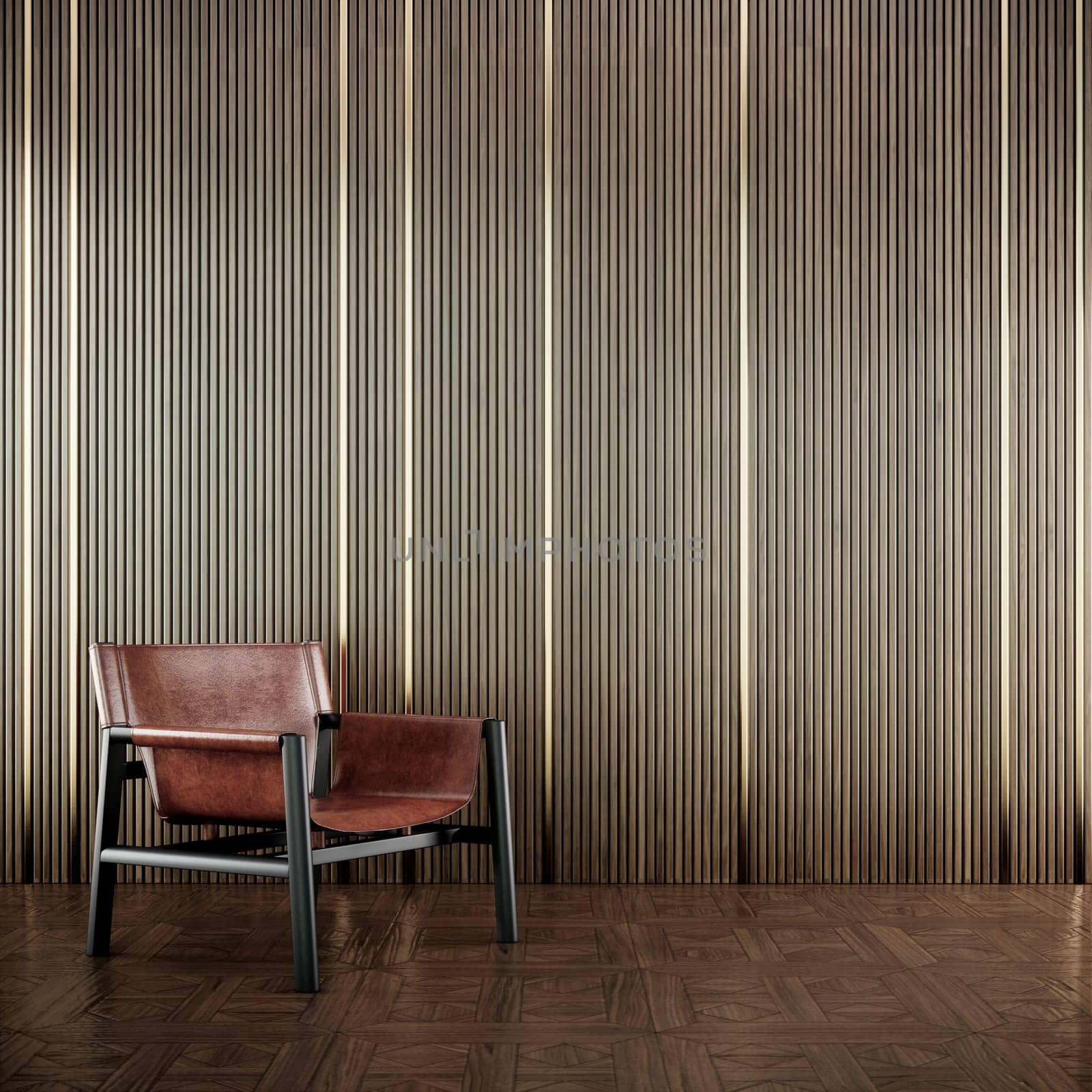 interior design with armchair on luxury wall design and parquet floor, 3d rendering