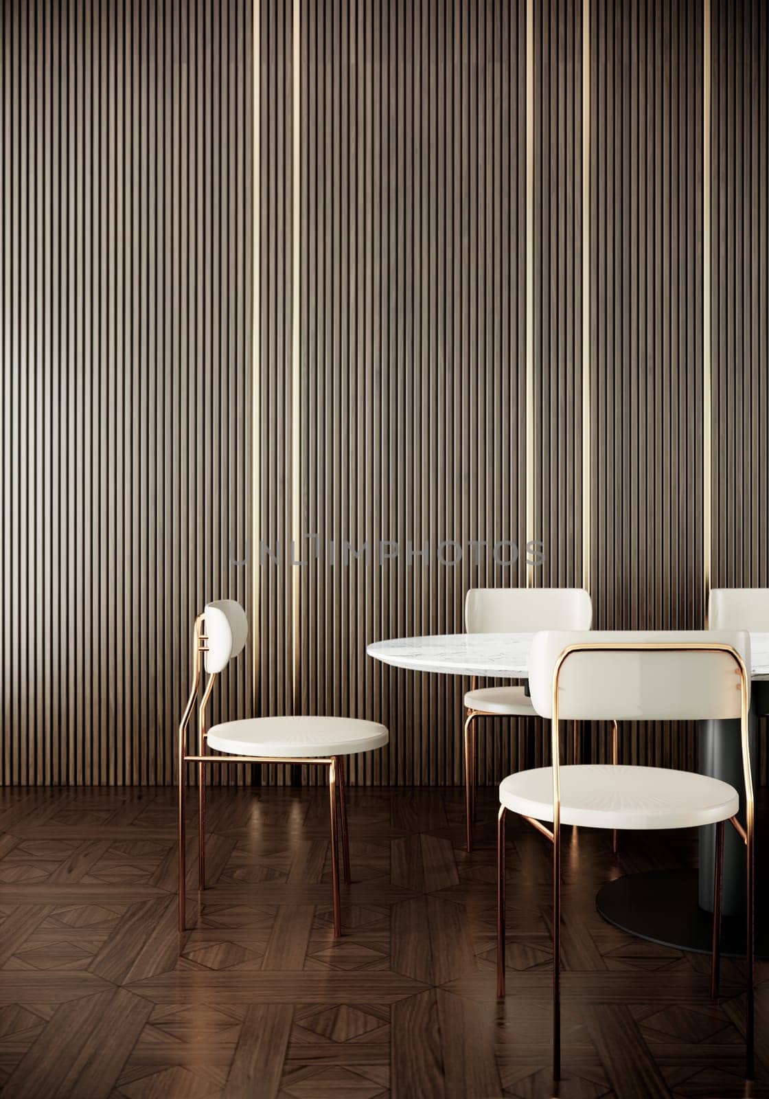 interior design with white chair and table on luxury wall design and parquet floor, 3d rendering