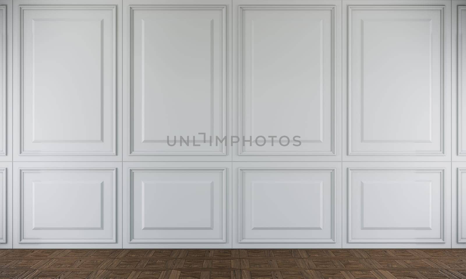 empty white room with classic wall style and wooden floor. interior design 3d render