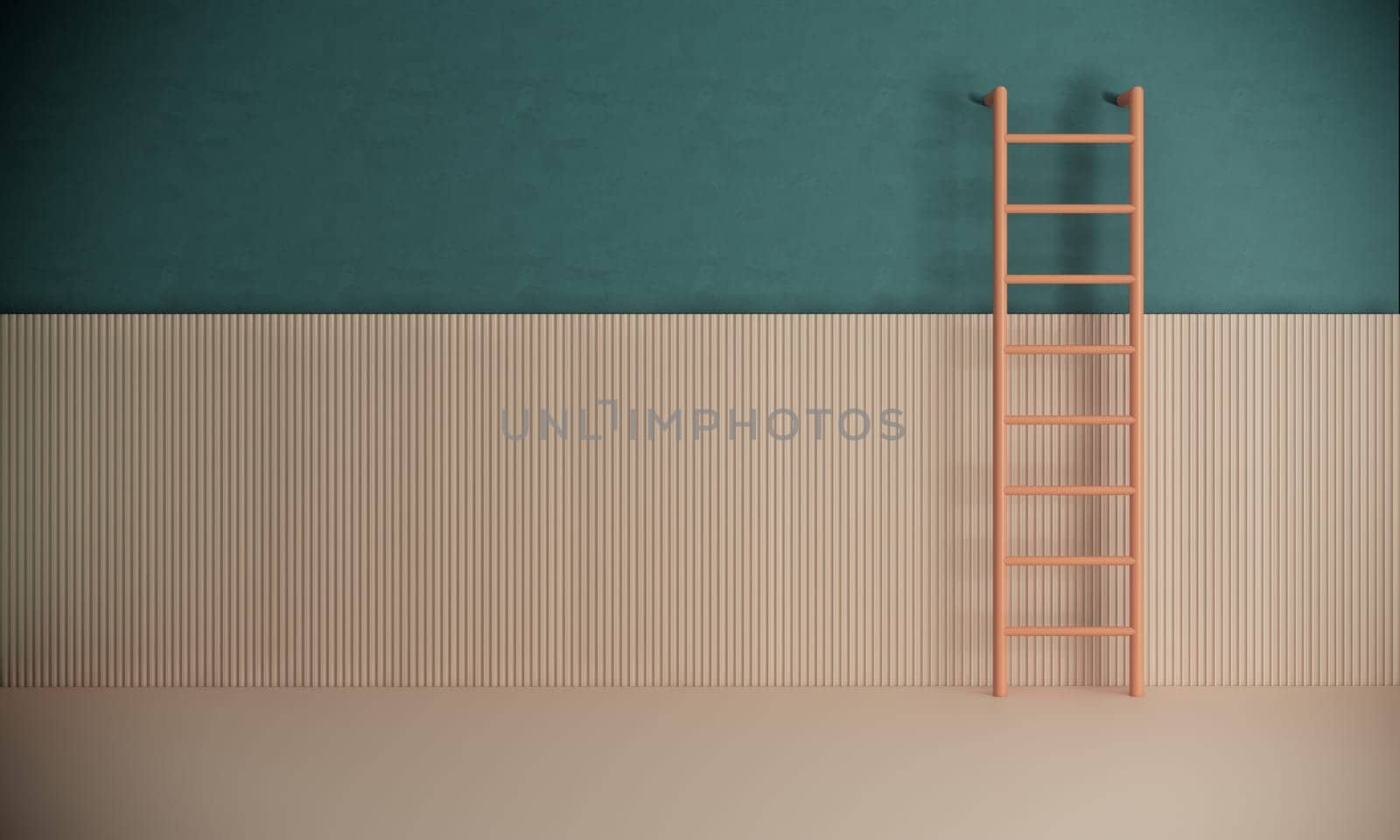 minimal style room with ladder on green and wooden wall. 3d render background