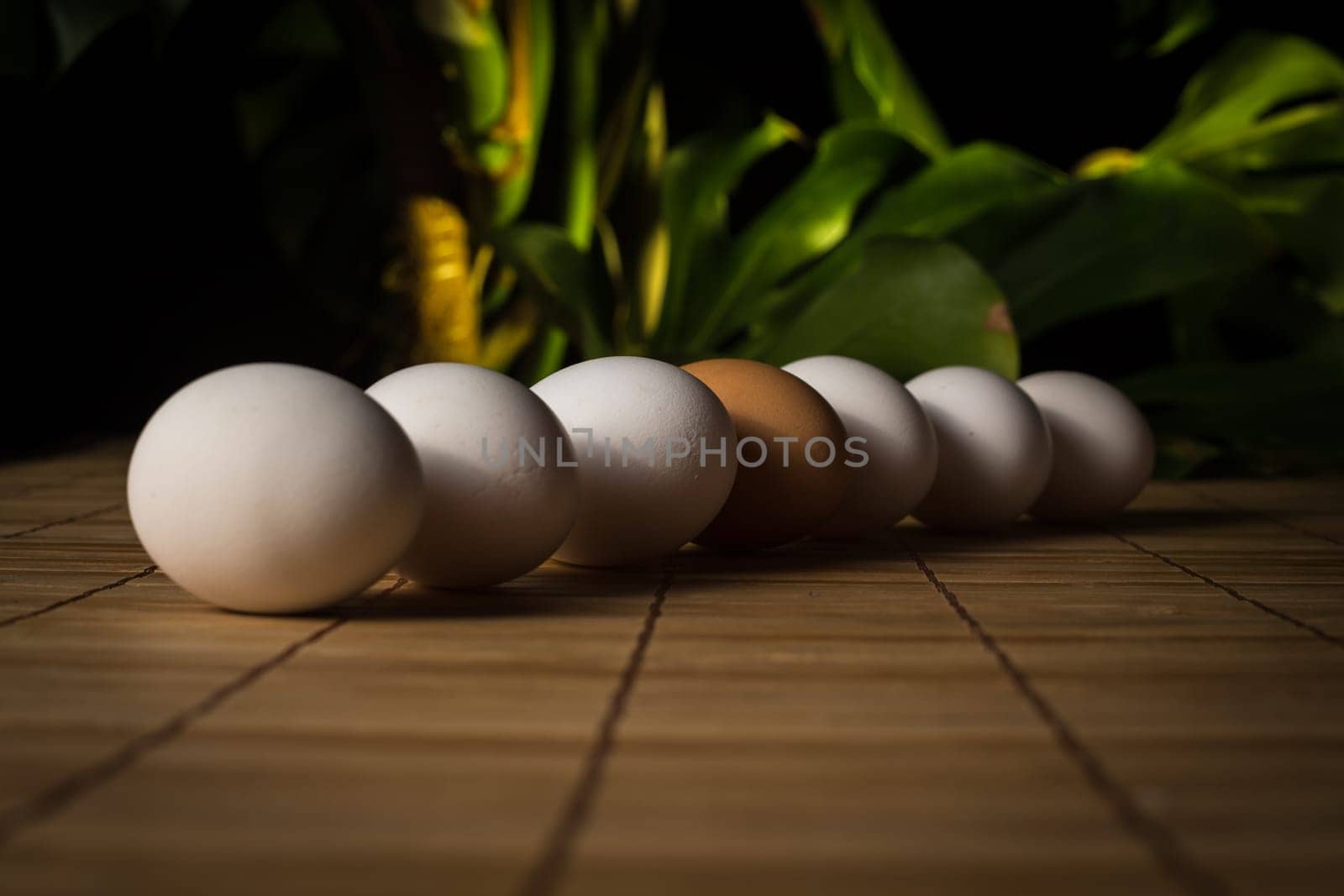Brown and white eggs with reflection on wood background