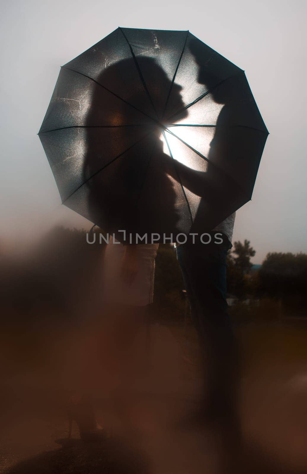 Love in the rain / Silhouette of kissing couple under umbrella