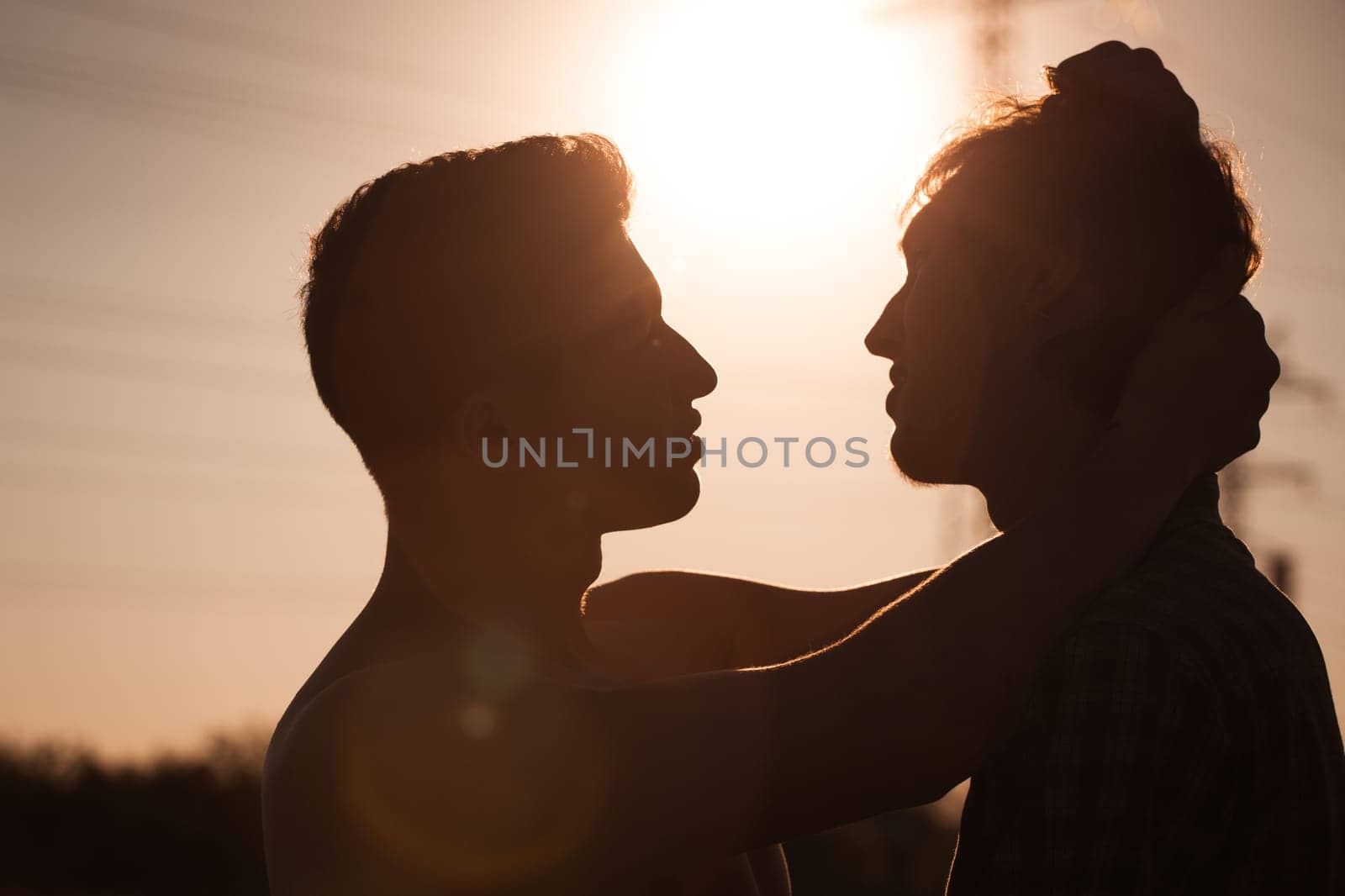 Silhouette of two men about to kiss