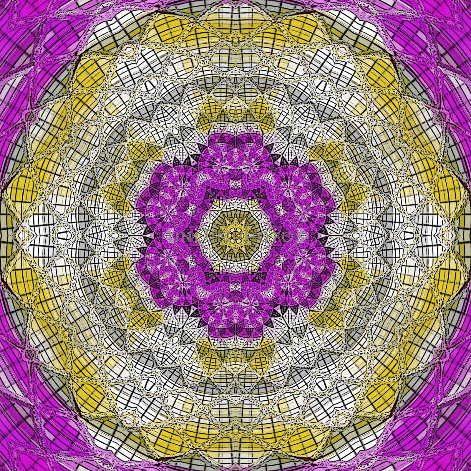 Mandala, tracery wheel mehndi design. Ethnic ornament, colorful doodle symmetry texture. Folk traditional knitted spiritual tribal design. Curved shapein purple and yellow.