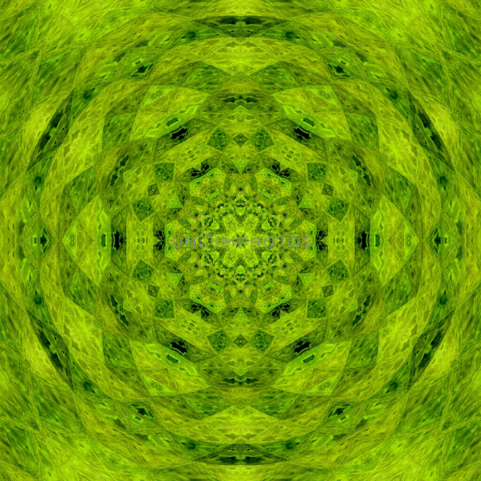 Bright circular ornament consists of simple triangles. Stylized ethnic motive. Mandala in light green spring color