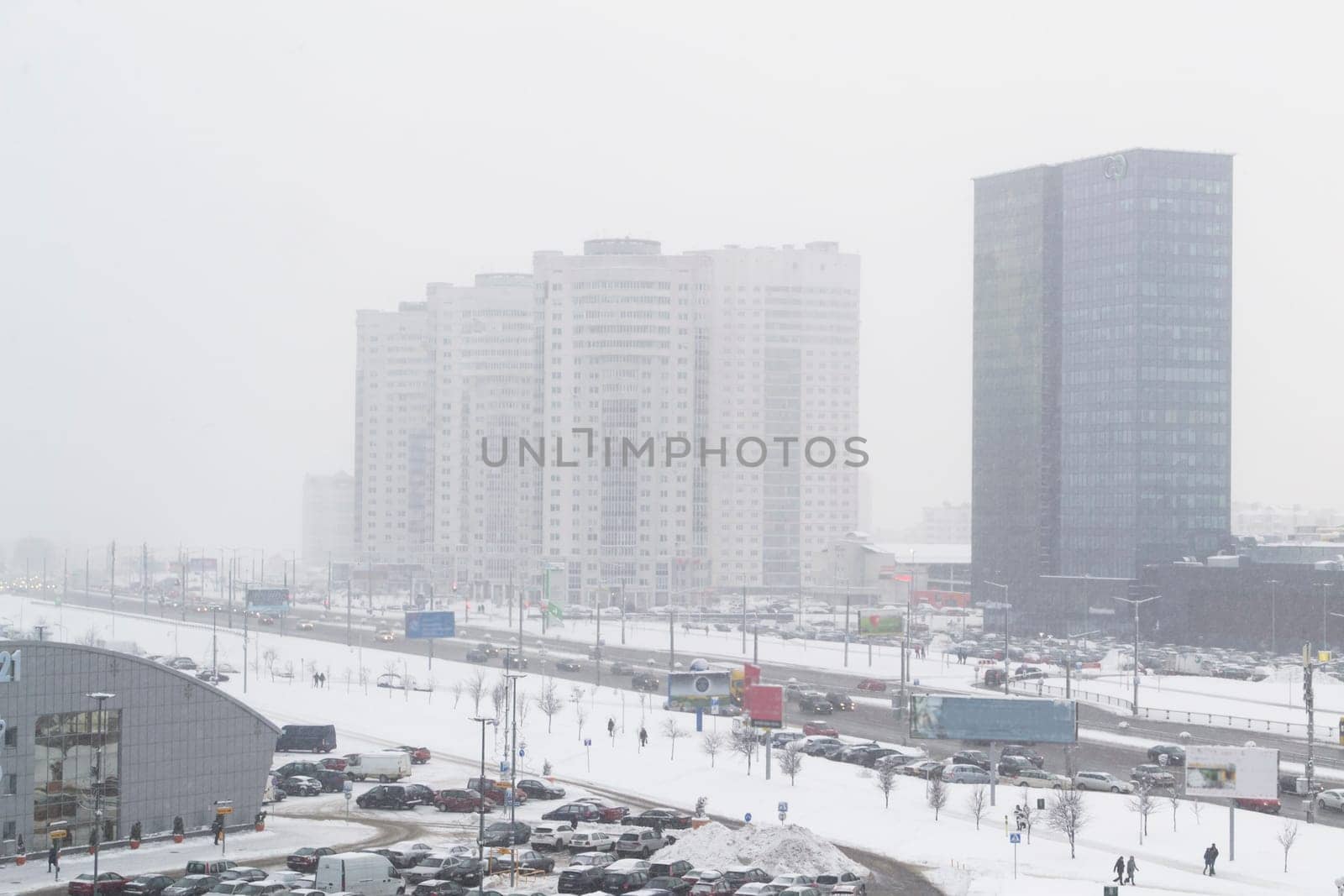 winter day in snowy Minsk city from a height