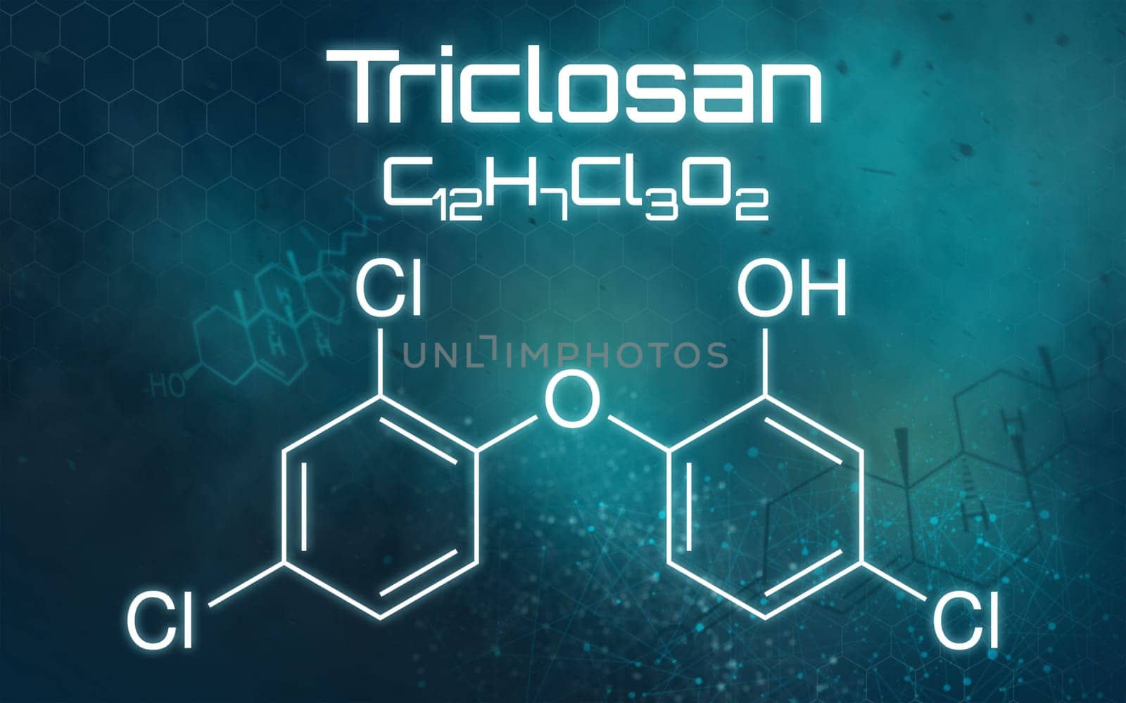 Chemical formula of Triclosan on a futuristic background