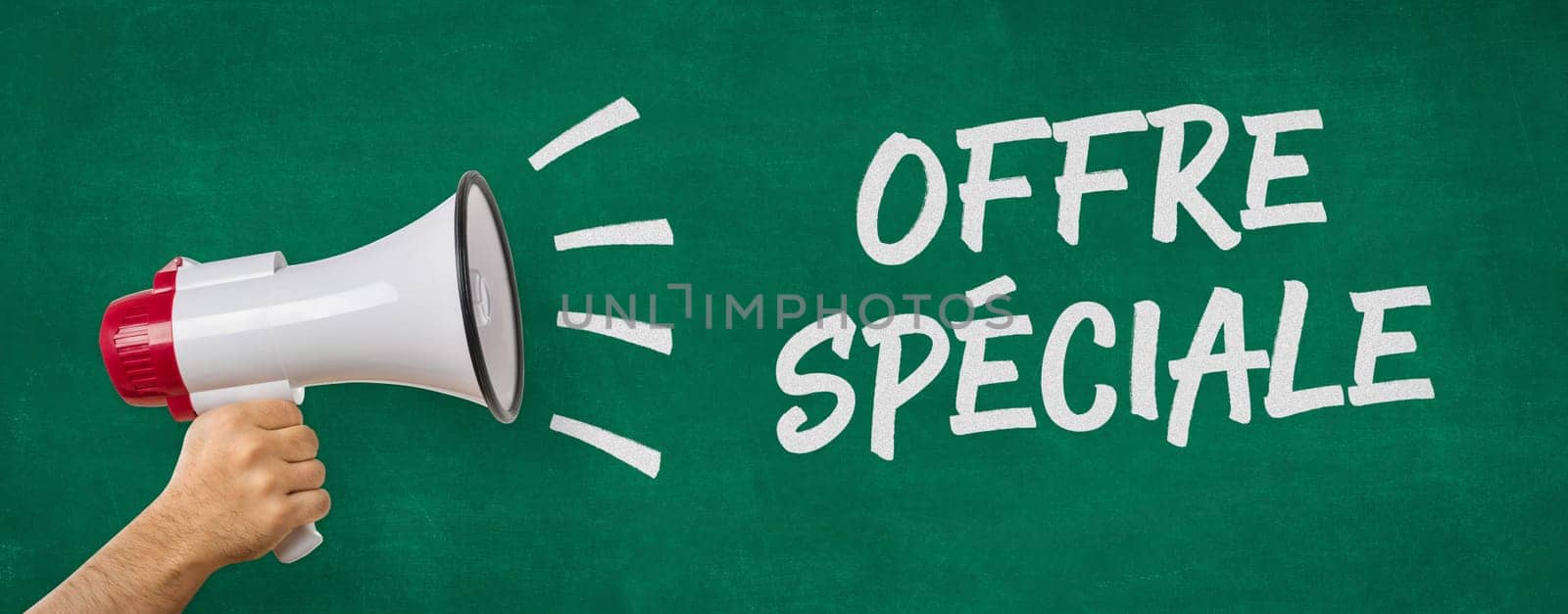 A man holding a megaphone - Special offer in french - Offre spéciale