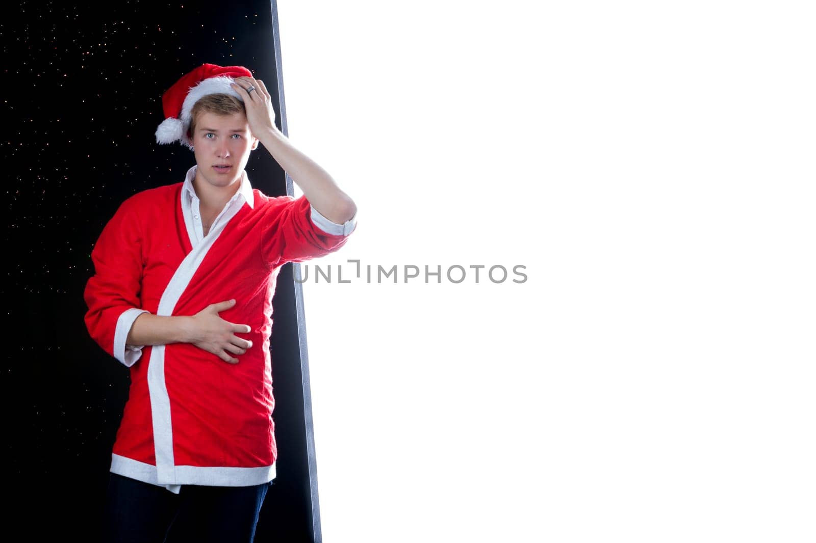 Worried red santa claus with white background for your text.