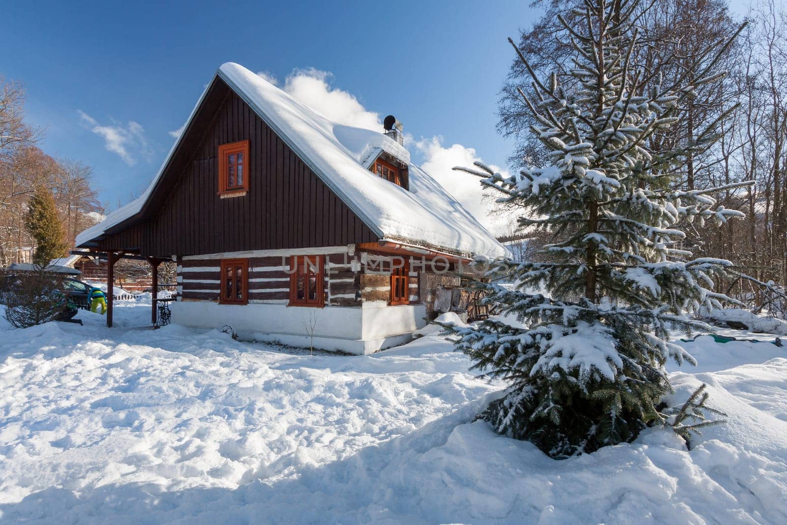 Traditional wooden cottage in winter. Czech republic