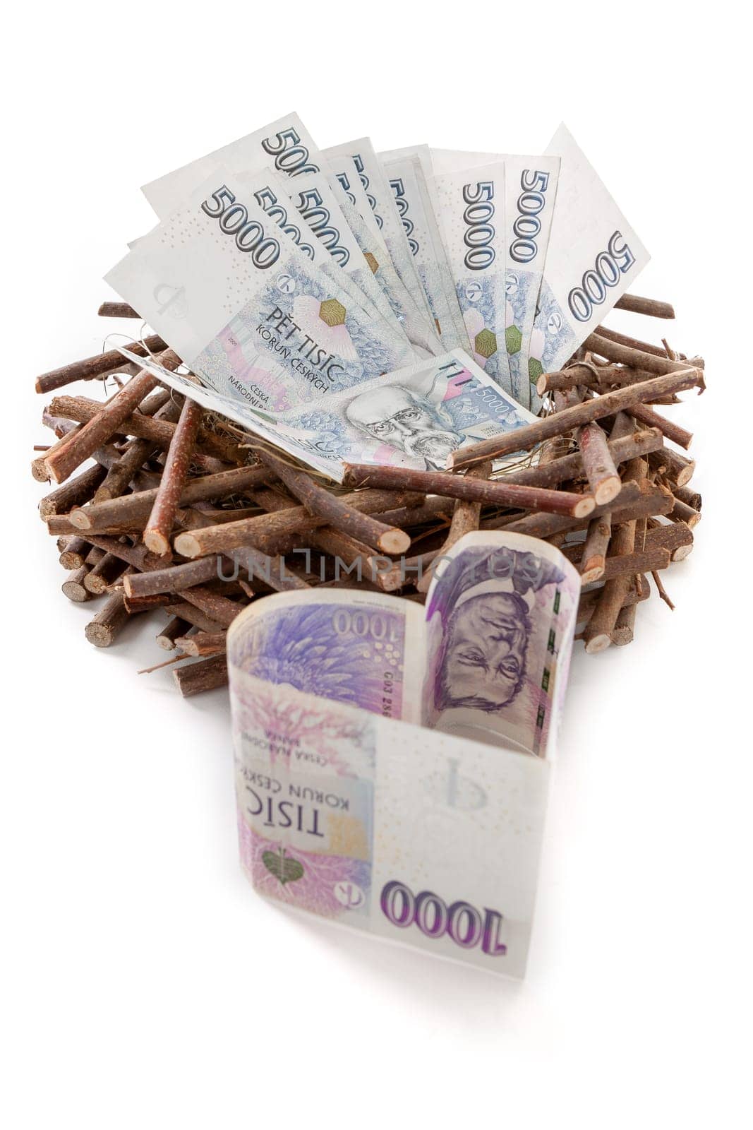 Czech paper money with heart on white background - nest, heart, savings, 5000