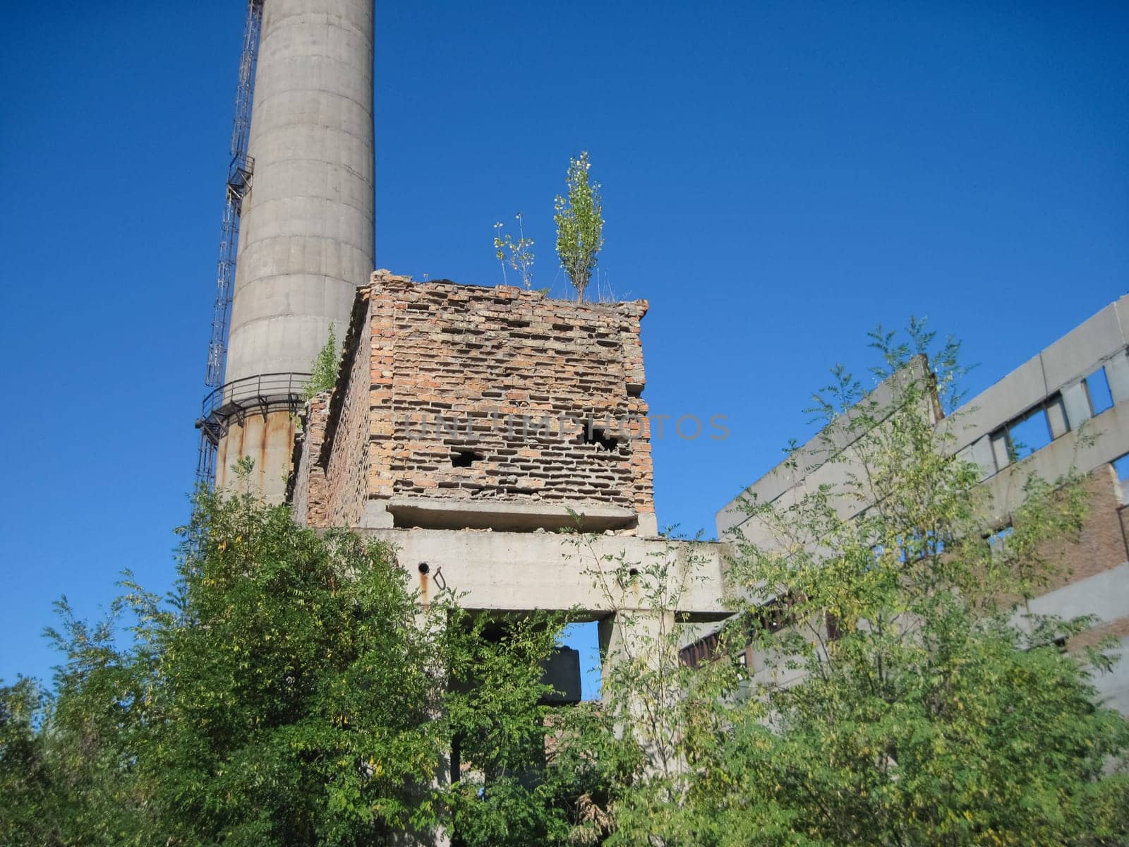 The building of the abandoned Ukrainian nuclear power plant Chigirinskaya. The ruins of buildings and structures. Chyhyryn Nuclear Power Plant
