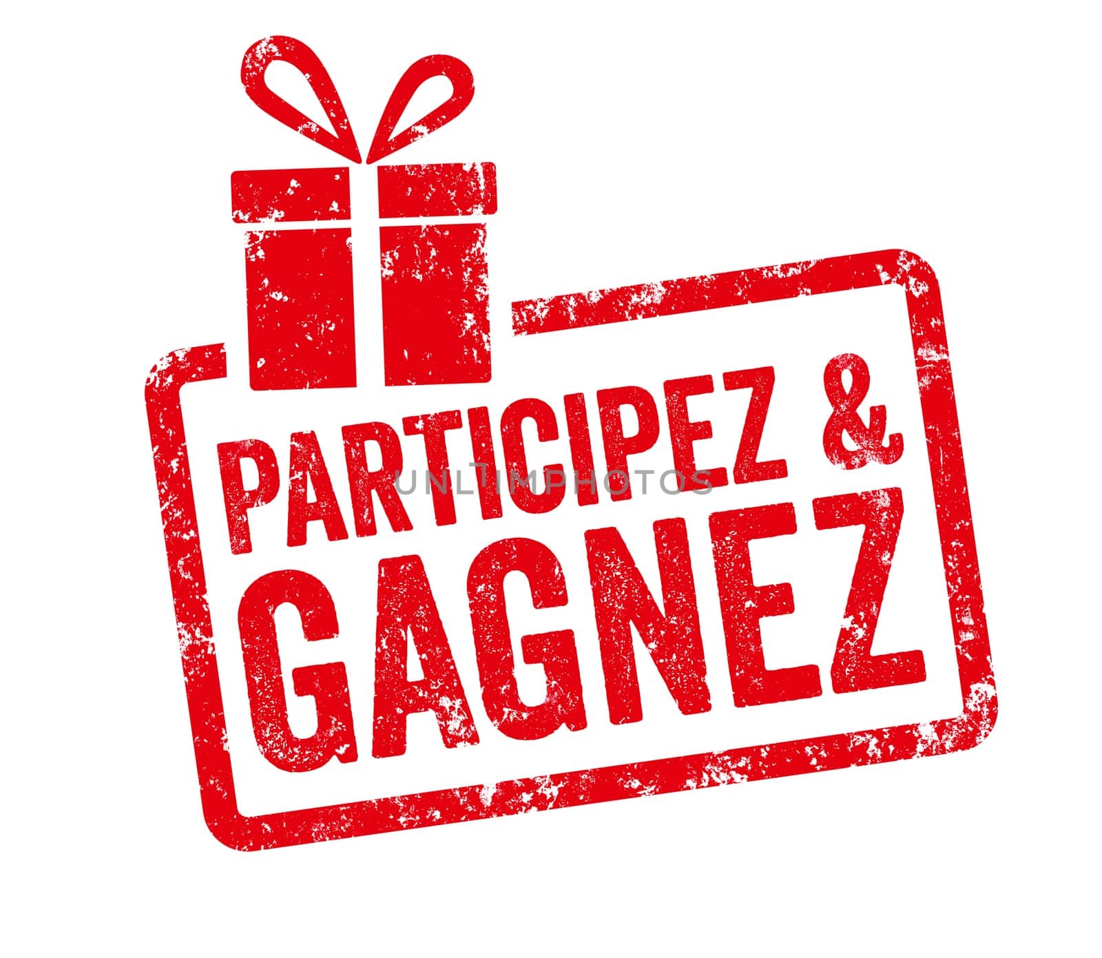 Red stamp with gift icon - Enter to win in french - Participez et gagnez