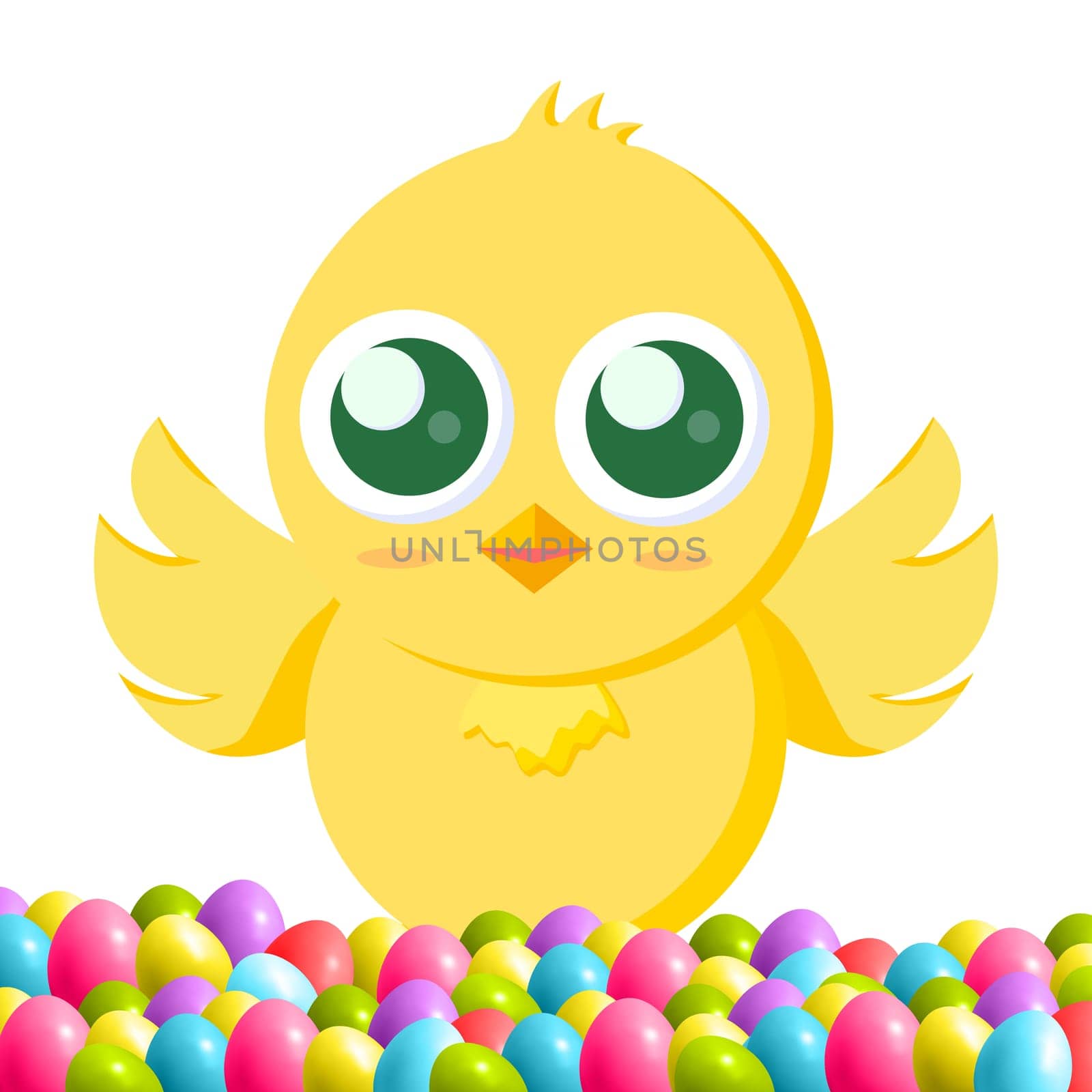 Yellow Easter chicken among the holiday eggs - Vector illustration