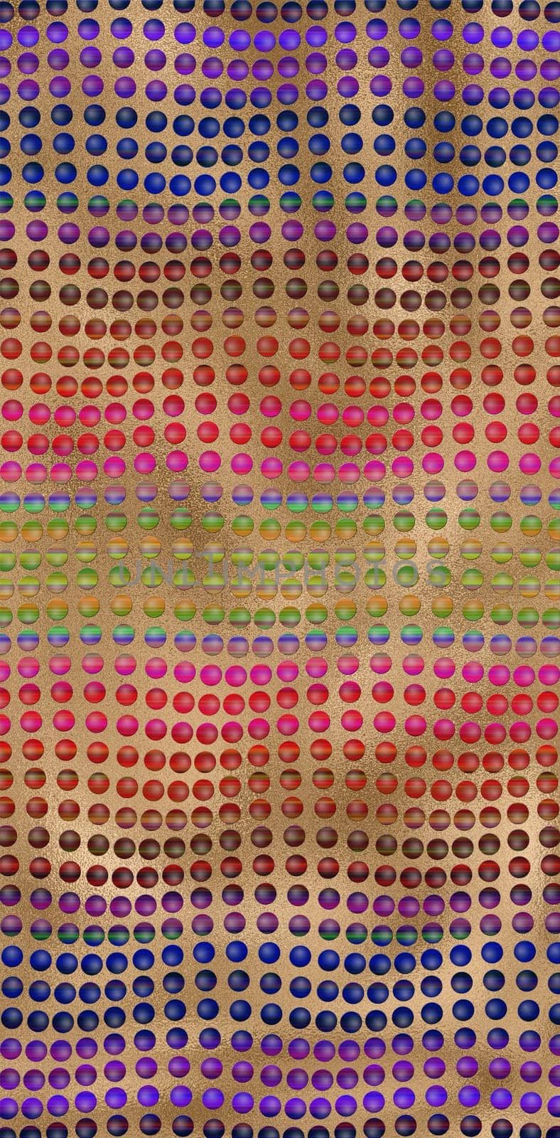 Colourful abstract background in gold rainbow colours. 3D dots pattern on wavy gold shiny background. Illustration
