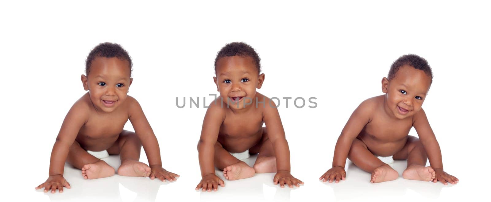 Three equal African babies isolated on a white background