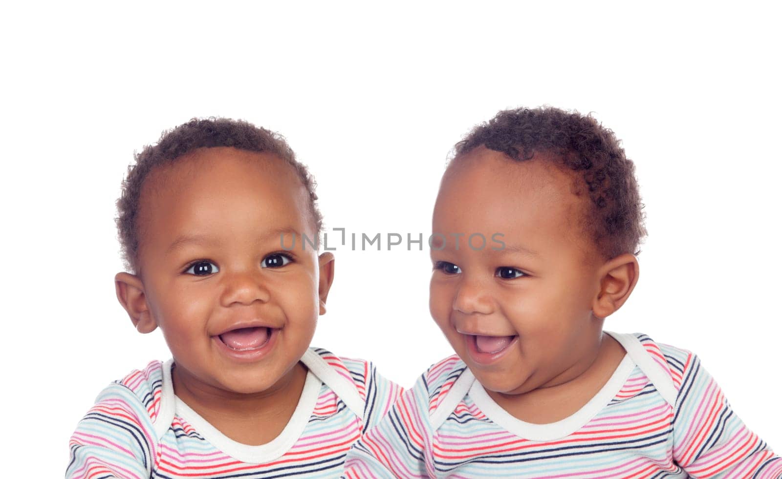 Two funny babies laughing isolated on a white background