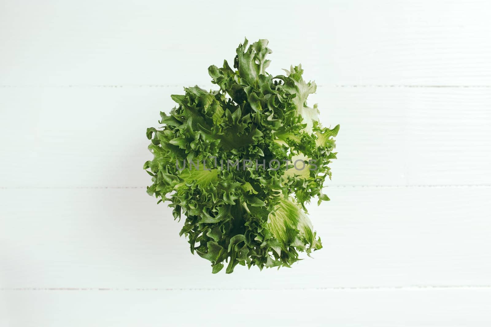 Flat lay with branch of fresh green salad leaves of lettuce salad on a white background. Healthy vegetarian eating concept. High quality photo
