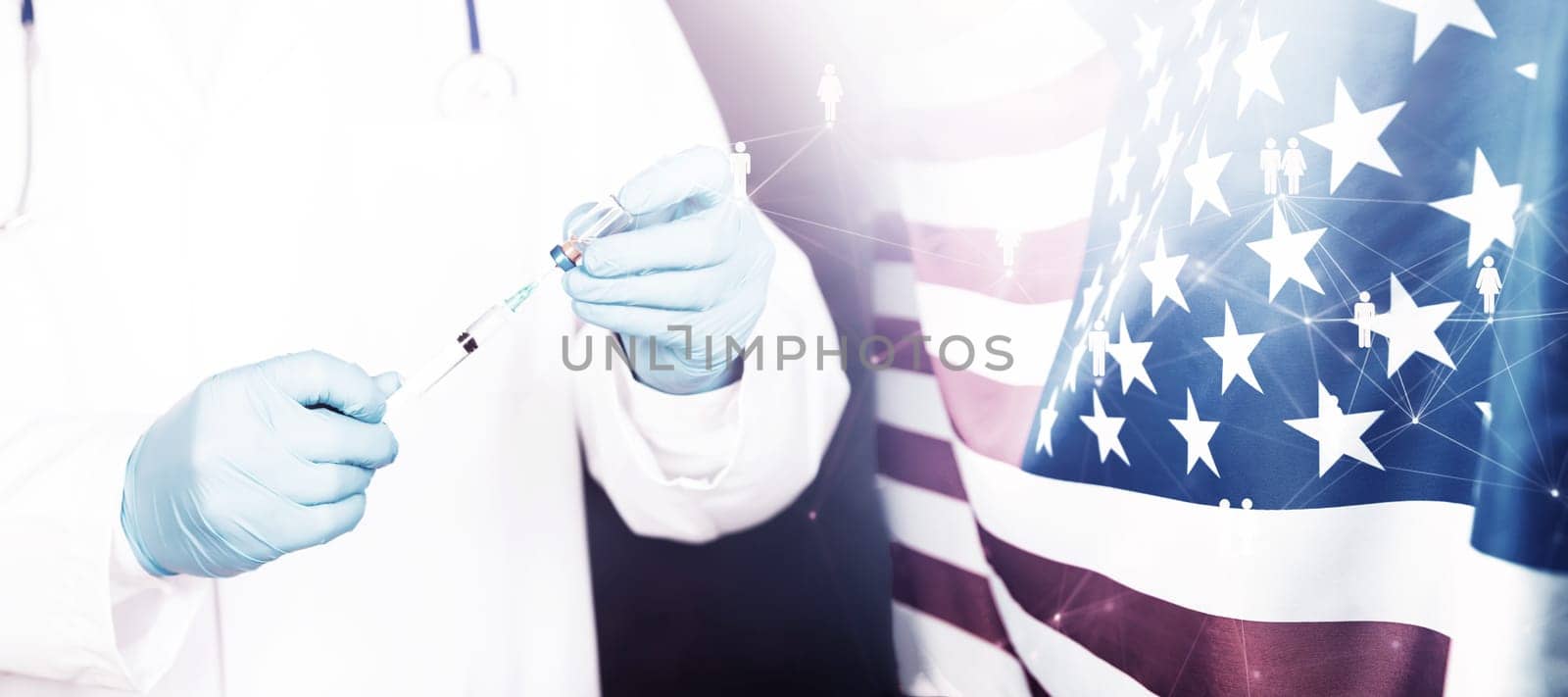 USA flag with doctor preparing for vaccine. Mass vaccination against the epidemic of coronavirus in USA  concept.