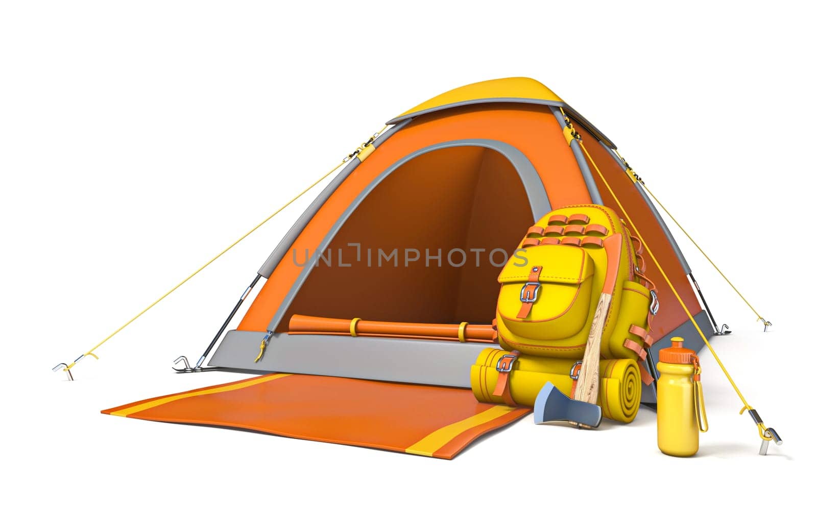 Picnic and camping site with backpack and axe 3D render illustration isolated on white background