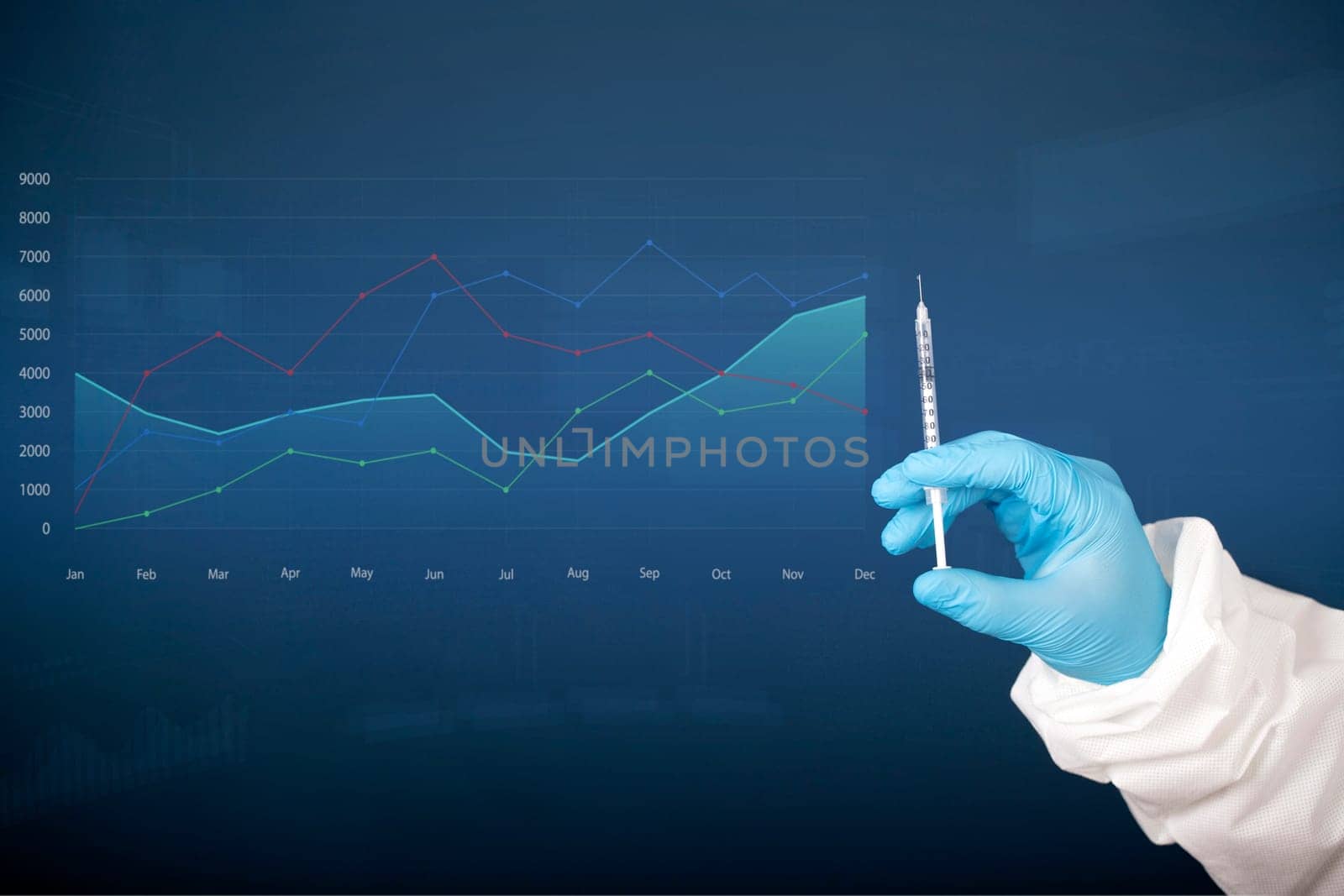 Concept of herd immunity, virus spreading in society. Doctor with syringe is preparing for vaccine.