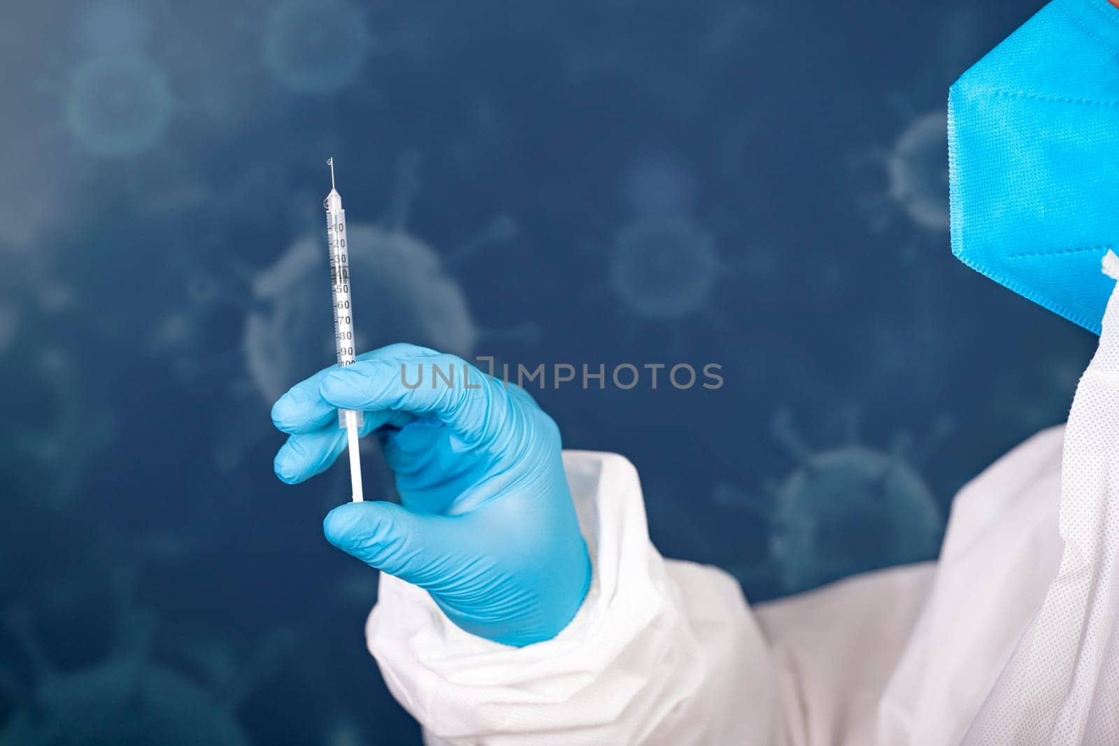 Concept of herd immunity, virus spreading in society. Doctor with syringe is preparing for vaccine.