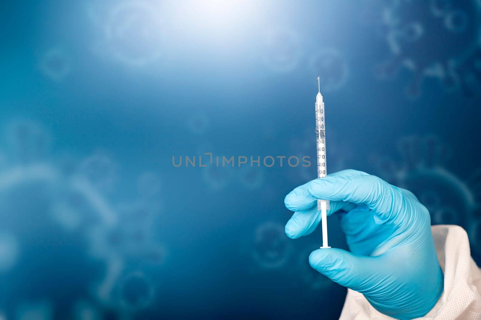 Concept of herd immunity, virus spreading in society. Doctor with syringe is preparing for vaccine.