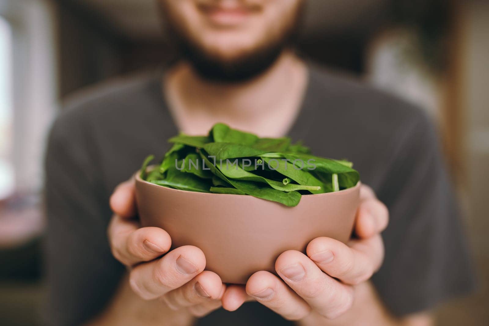 Hands of smiling man holding fresh green salad leaves of spinach on blurred background. Healthy vegetarian eating concept. Green leaves of spinach. Gifts of nature. Blessed harvest. High quality photo