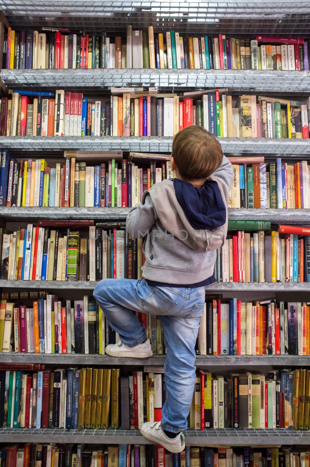 Badajoz, Spain - October 18th, 2020: Child boy climbing bookshelves at second hand book bookshop. Encourage good reading habits in kids