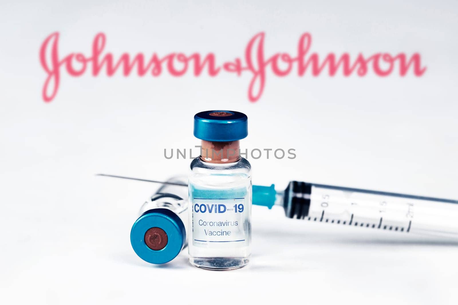 Cluj-Napoca, Romania - March 15, 2021:  New coronavirus vaccine Johnson and Johnson  concept, blurred Johnson and Johnson logo on the background. Covid-19, 2019-nCov pandemic.
