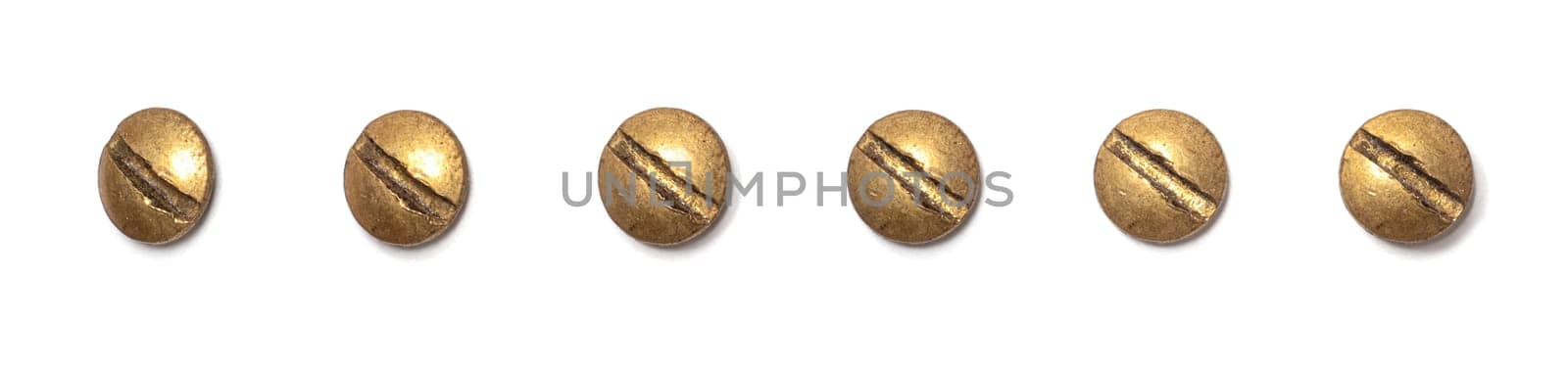 Brass round head screw from different perspectives on a white background