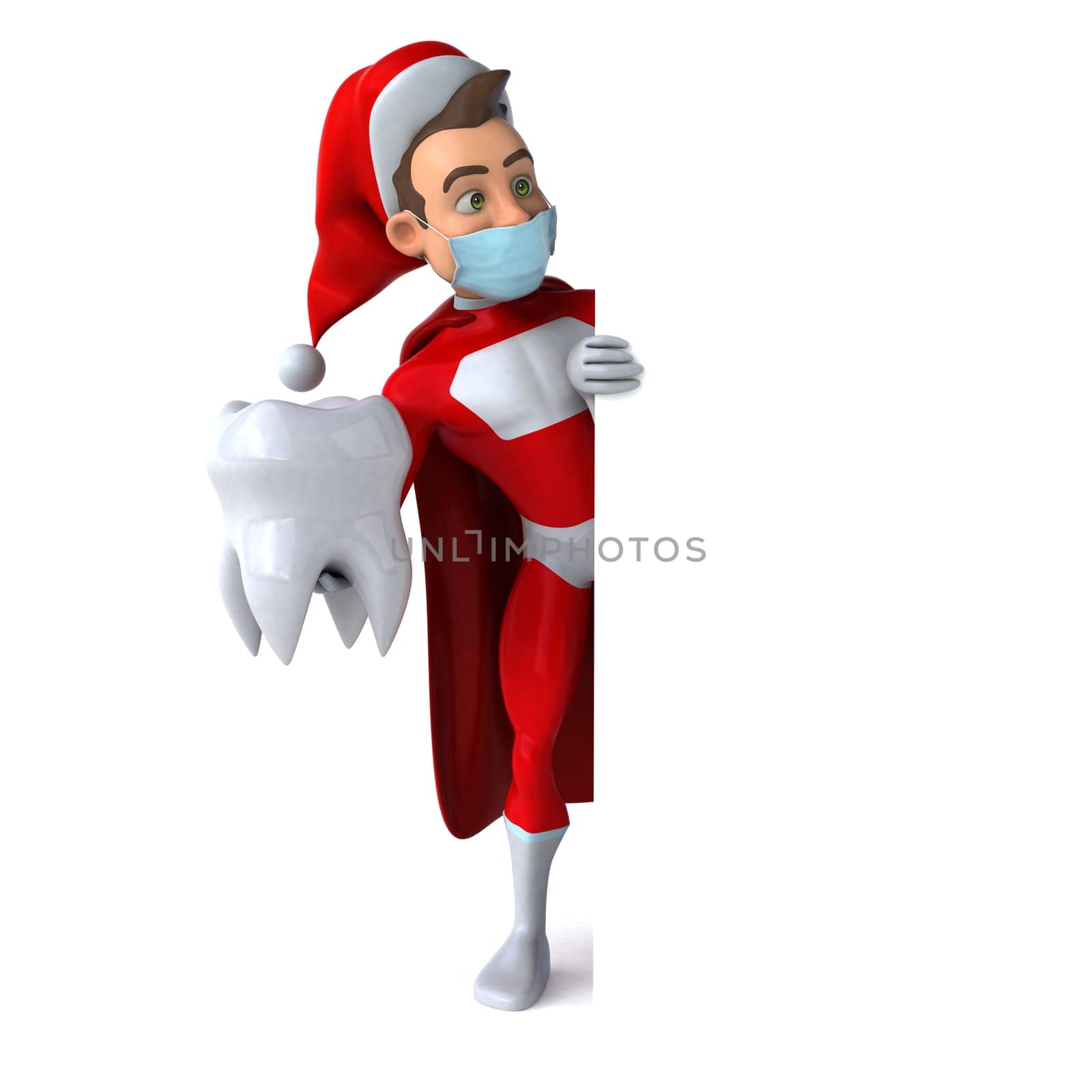 Fun 3D illustration of a cartoon Santa Claus with a mask