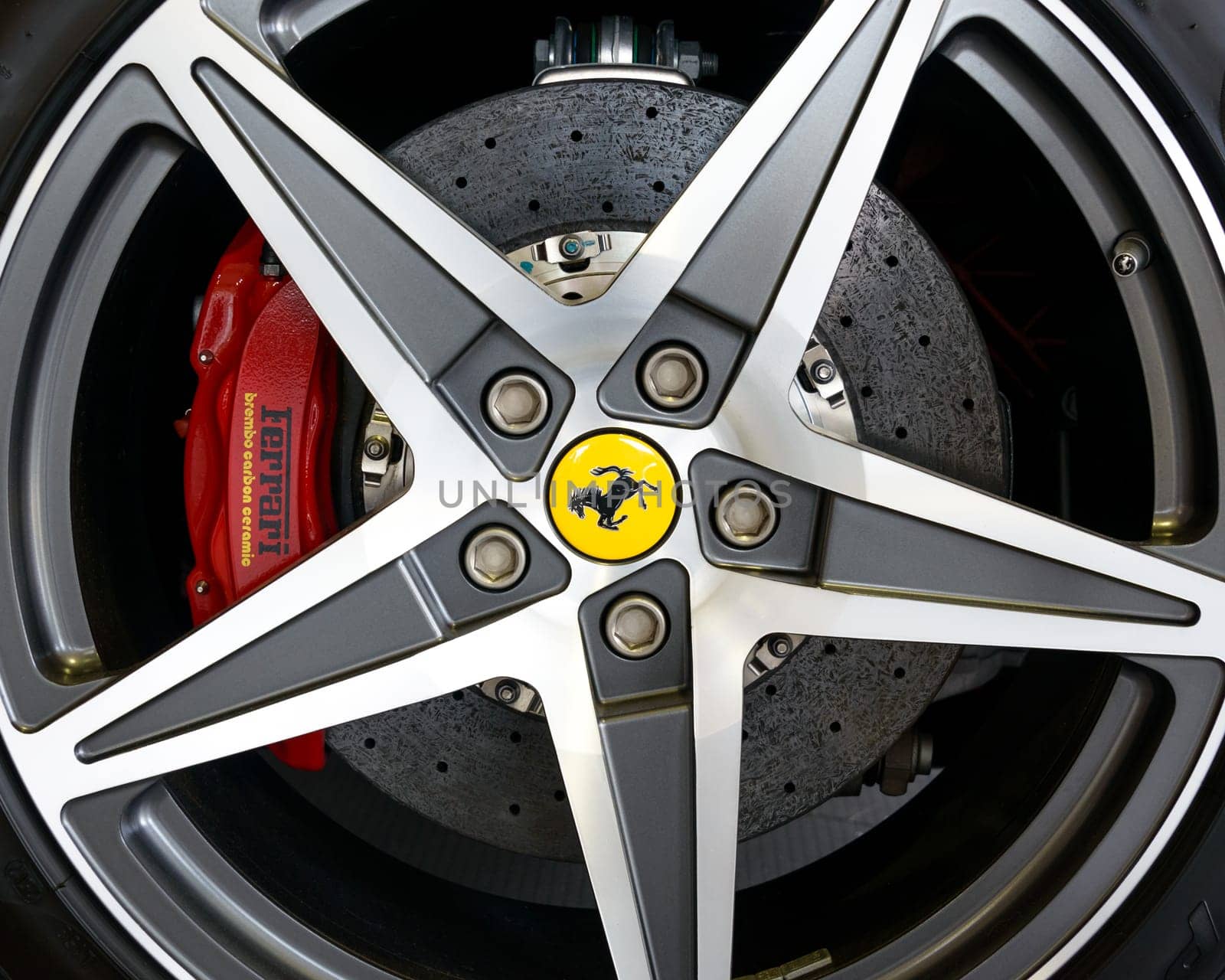 LONDON, UK - CIRCA JULY 2013: Ferrari California wheel detail, Brembo carbon ceramic disk brake.