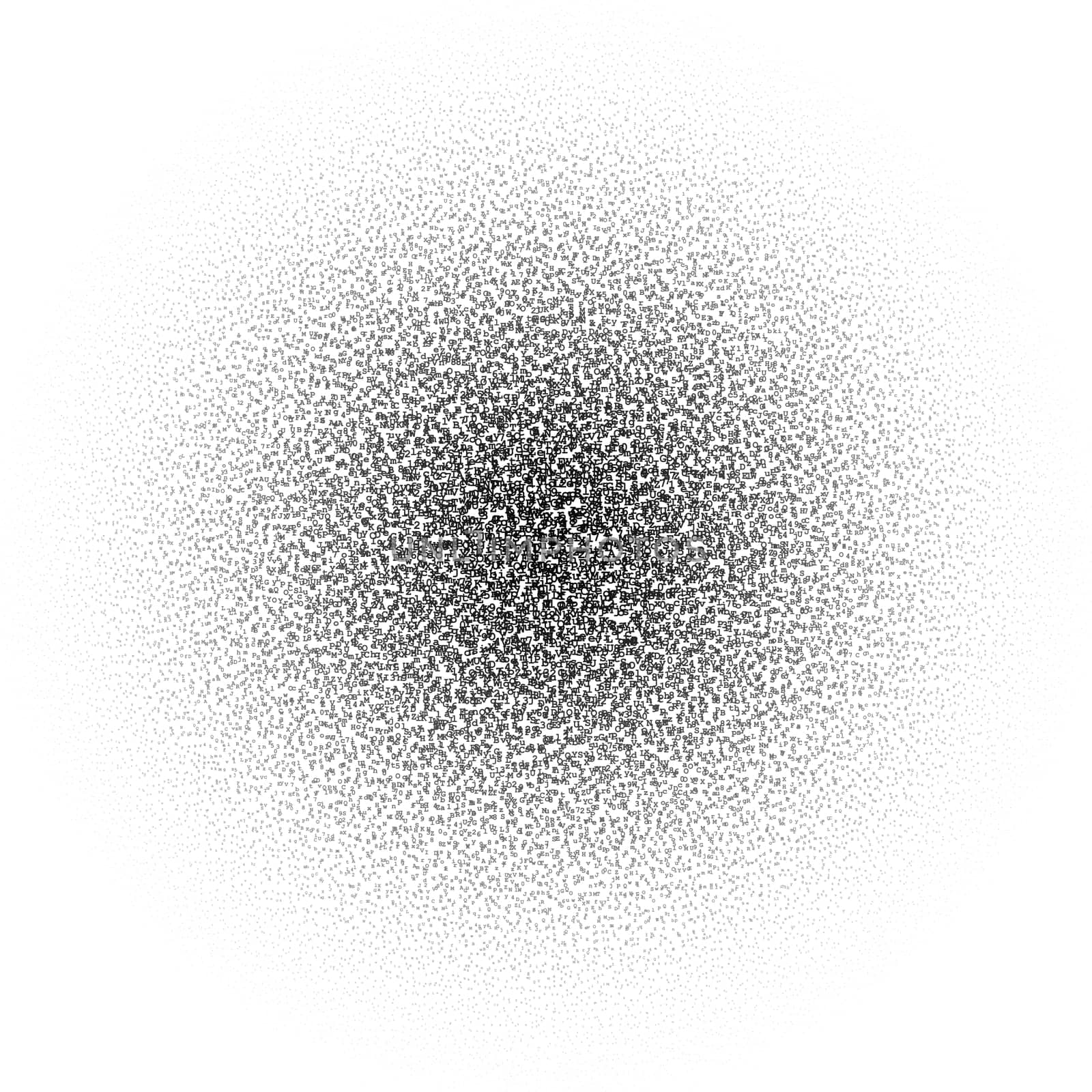 Halftone circle made of black letters and digits randomly distributed on white background illustration