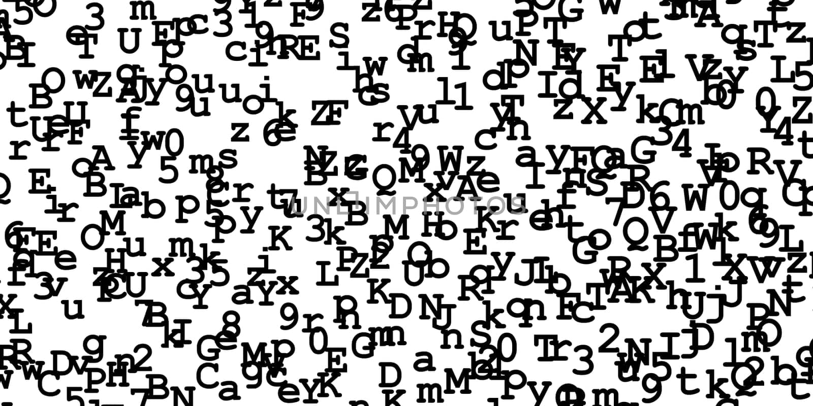 Black digits and letters randomly distributed on white background, abstract illustration
