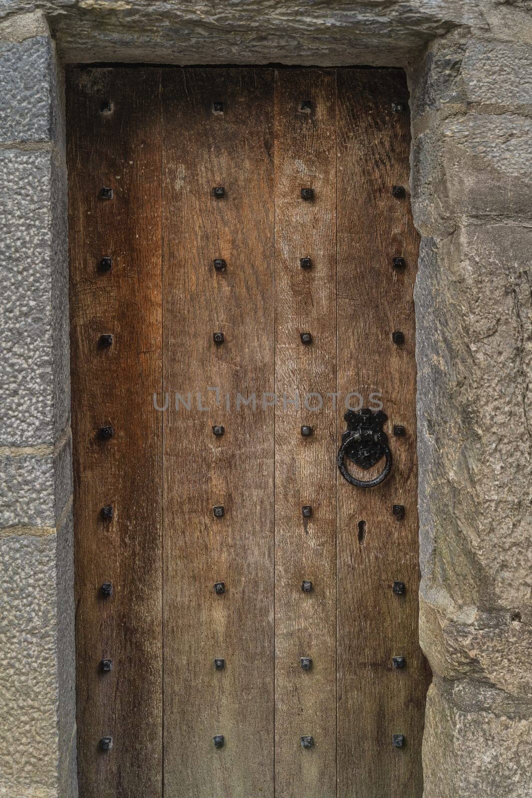 Vintage wooden door with stone frame, cast iron, ring shaped, doorhandle and iron studs, Ross Castle, Killarney, Ireland