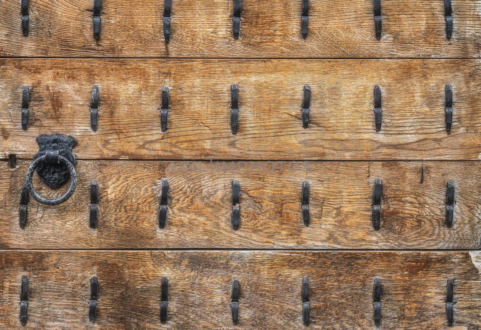 Vintage wooden door or panels, cast iron, ring shaped, doorhandle and iron studs, Ross Castle, Killarney, Ireland