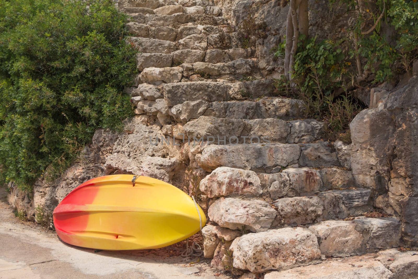 Tropical journey scene with antique stone stairs. Sport equipment for holidays excursion and trip travelling to vacation dream island.