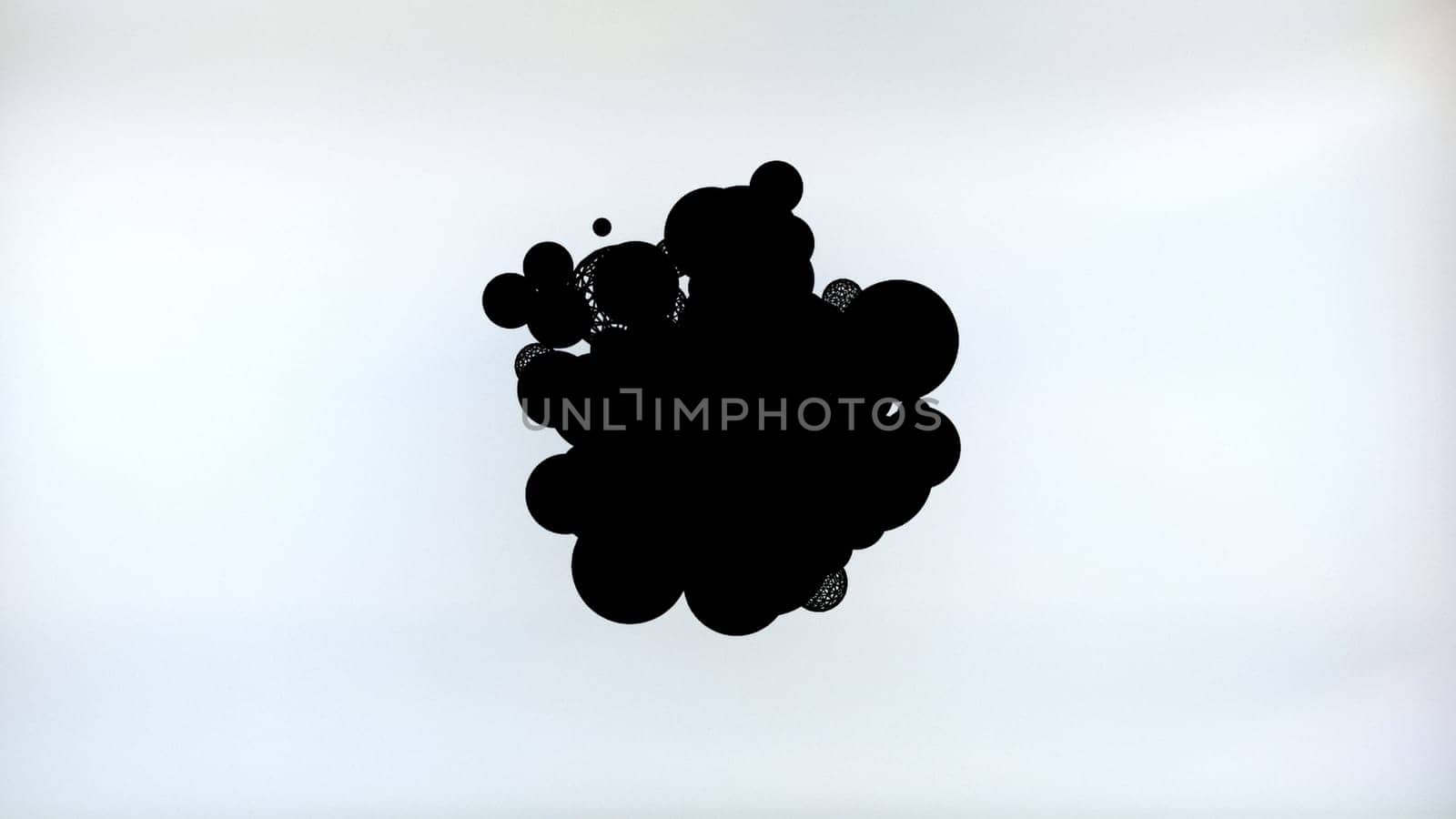 Round separating balls emerging in energy of dark space. Futuristic 3d render fission atoms with gradual filling white surface. Digital molecules and development of creative technologies.