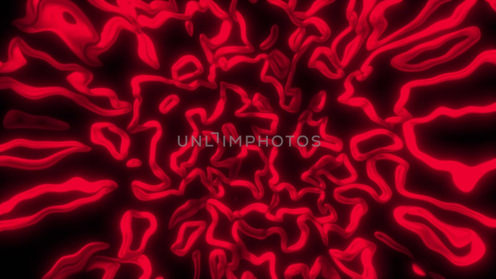 Wavy lines of worms bend in curved 3D render space. Mixed luminous linear chromosomes under magnification of electron microscope. Swirling spiral processes rushing into void.