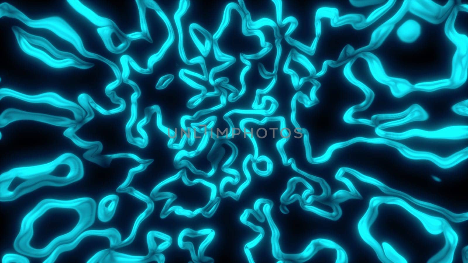 Wavy lines of worms bend in curved 3D render space. Mixed luminous linear chromosomes under magnification of electron microscope. Swirling spiral processes rushing into void.