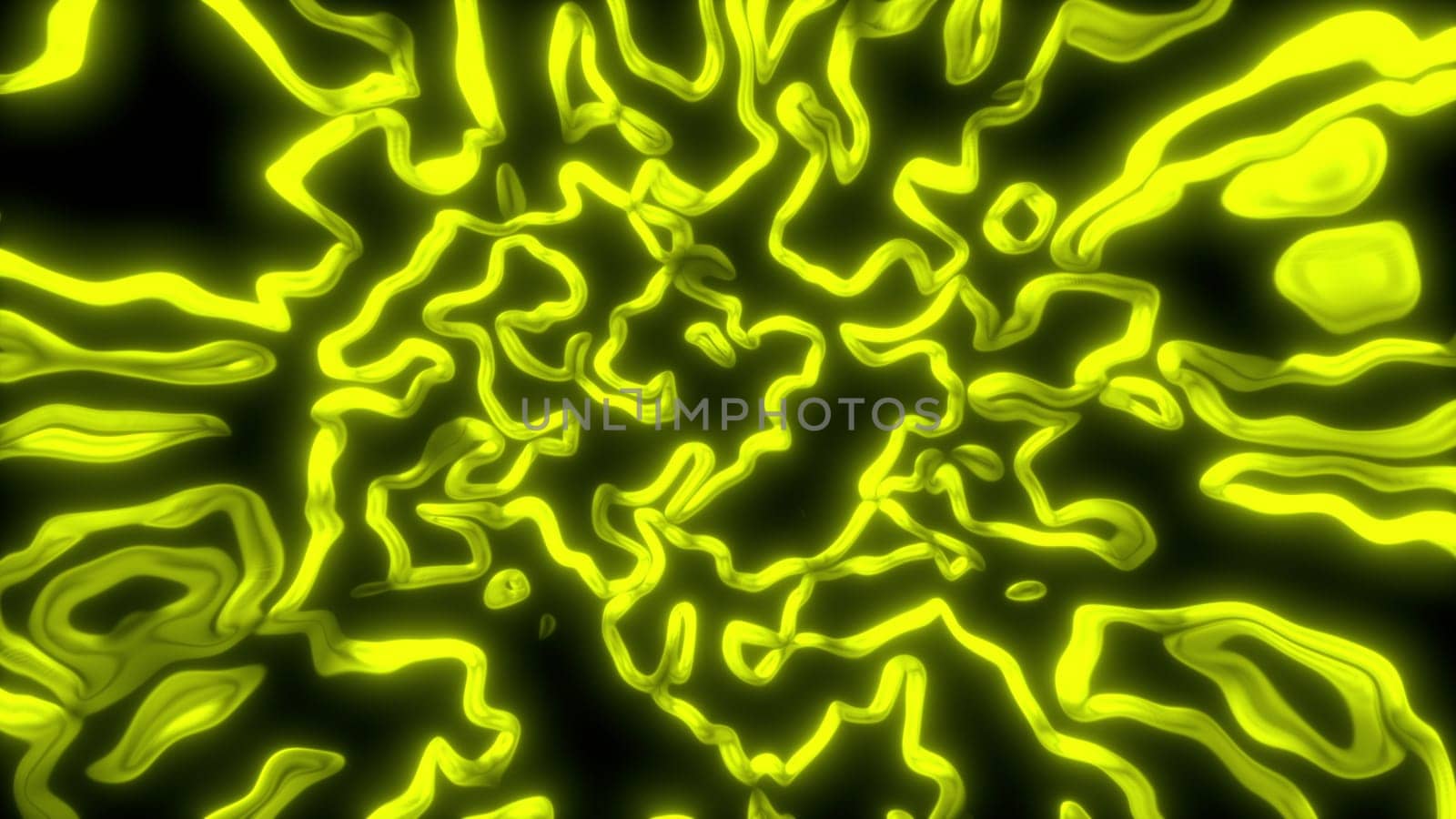 Wavy lines of worms bend in curved 3D render space. Mixed luminous linear chromosomes under magnification of electron microscope. Swirling spiral processes rushing into void.