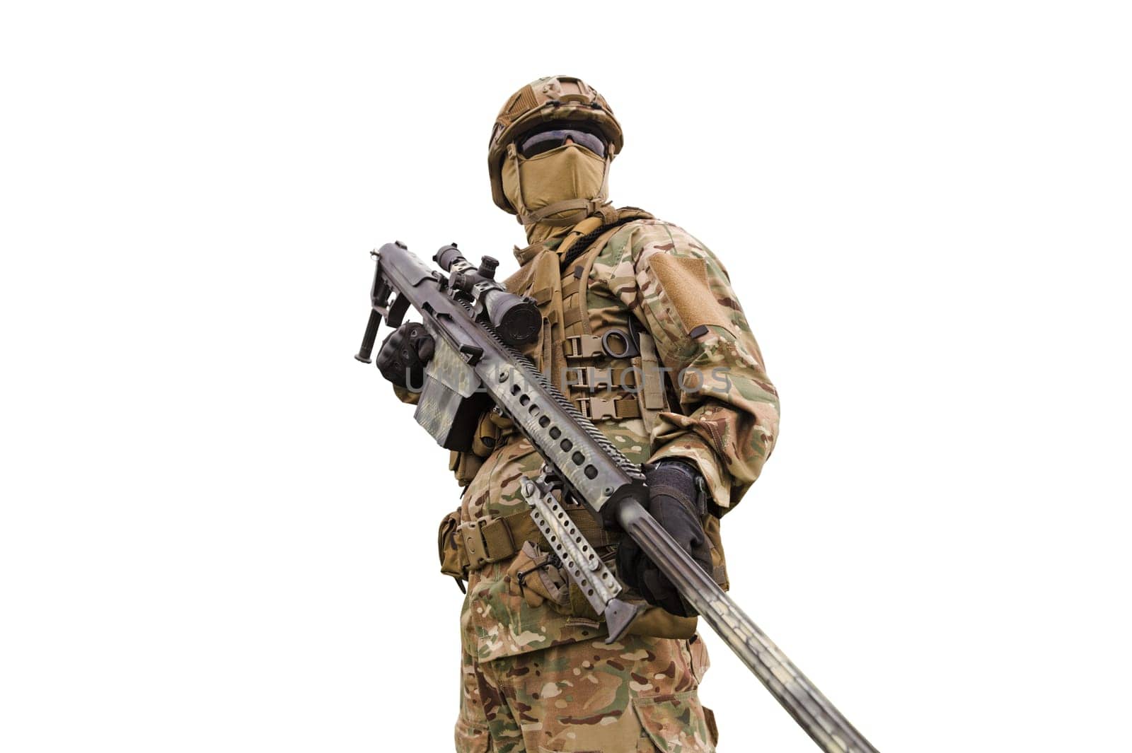 Armored special forses sniper with rifle isolated on white background
