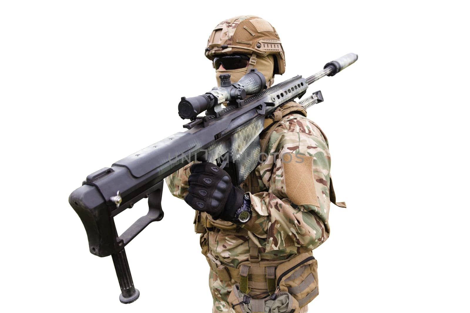 Equipped and armed special forces soldier with sniper rifle isolated on white background