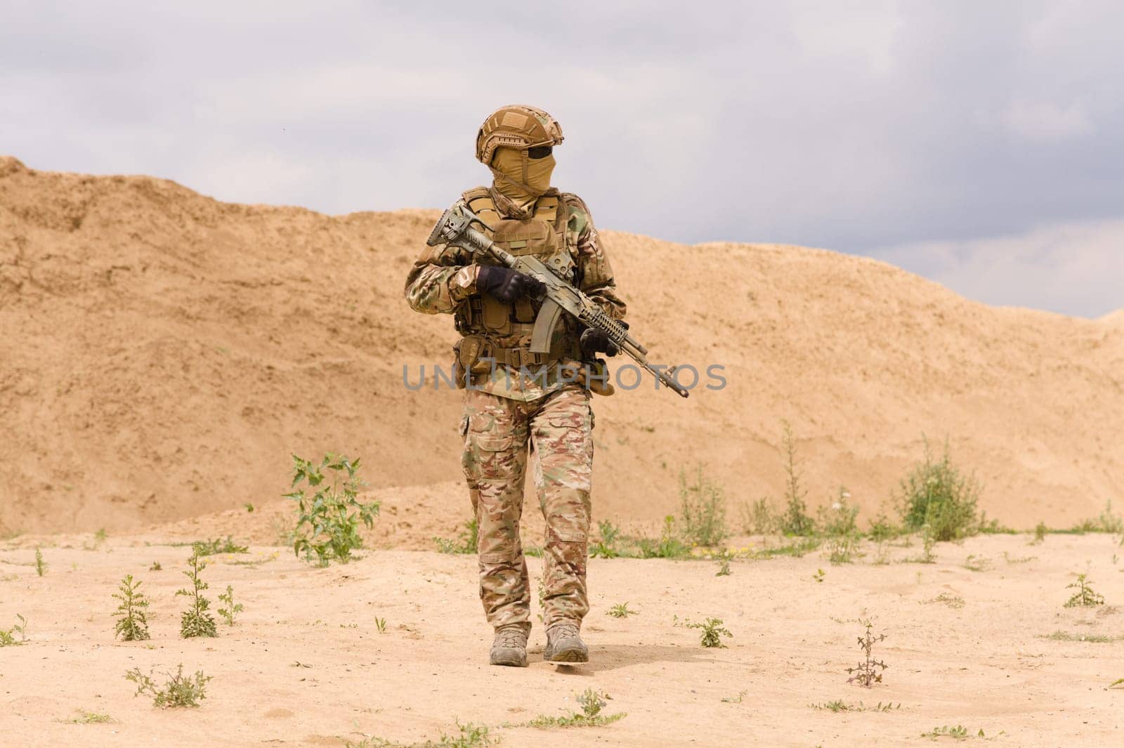 Equipped and armed special forces soldier during military operation