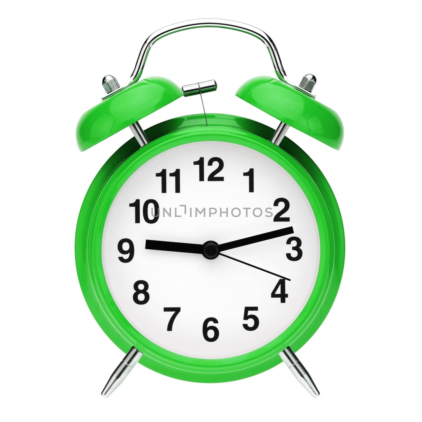 A green retro alarm clock isolated on white background