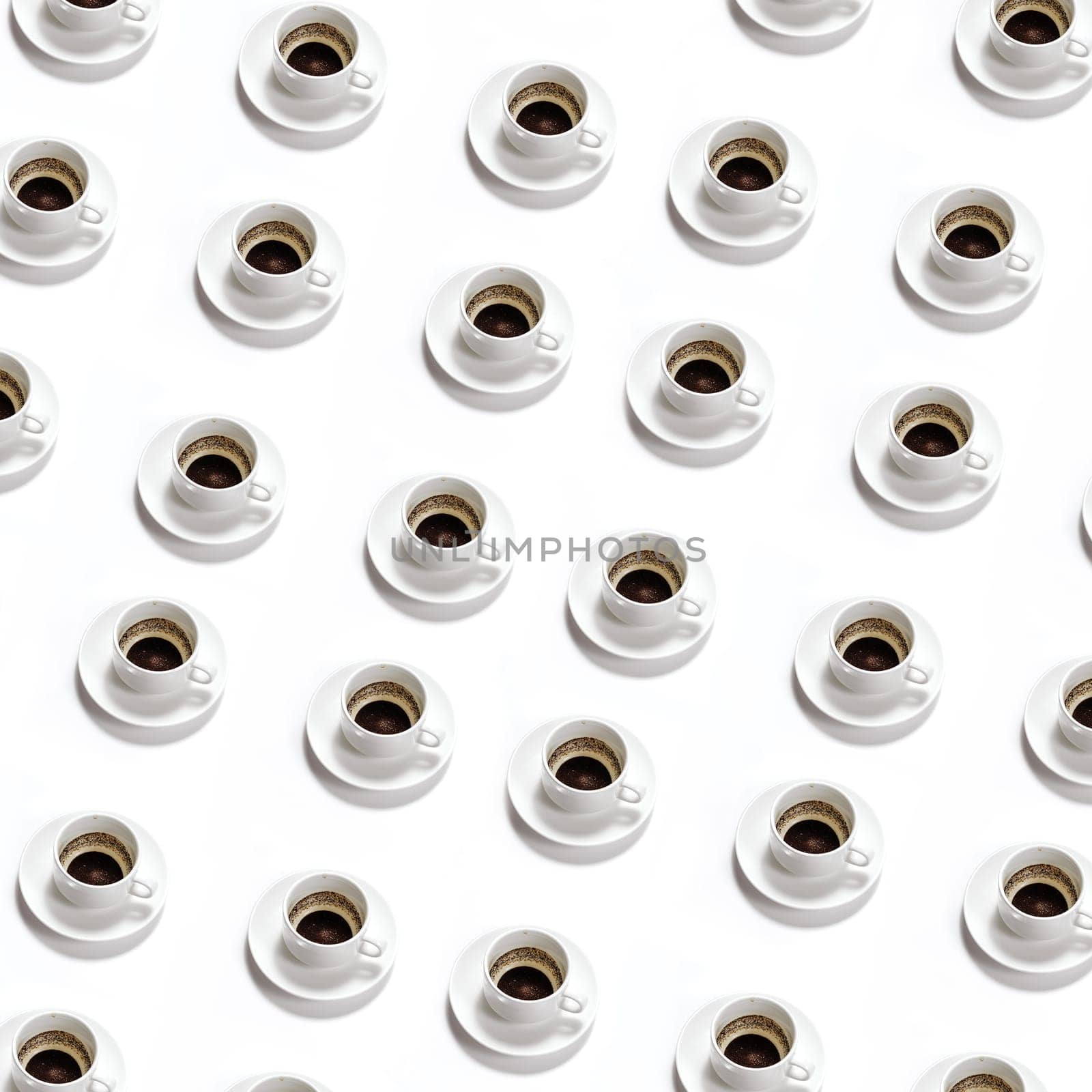Pattern of white cups of drunk coffee on a white background. Coffee addiction concept.