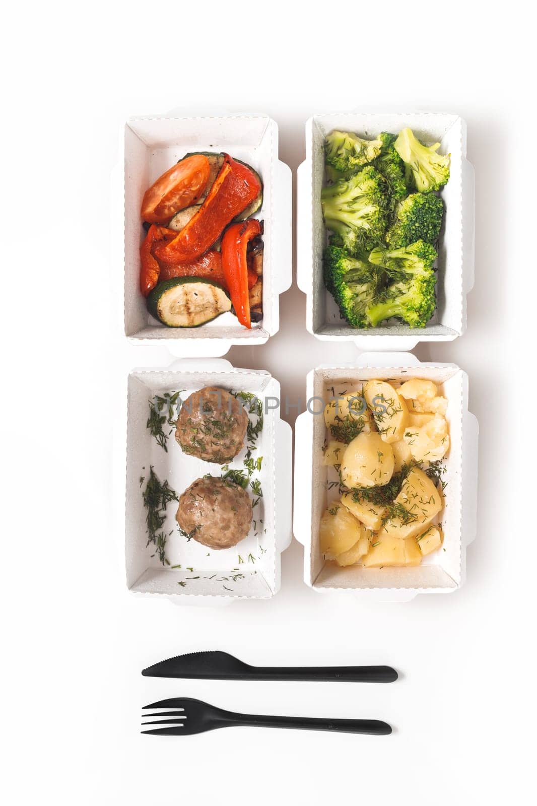 Daily food ration in containers. Delivery from restaurant, set of healthy food and balanced diet. Top view, flat lay